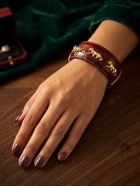 Gold Jaguar Accent Brown Leather Cuff Bracelet